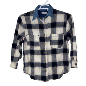 VTG Paris Sport Club Shirt Women Small Plaid Denim Collar Button Up‎ Shacket 90s